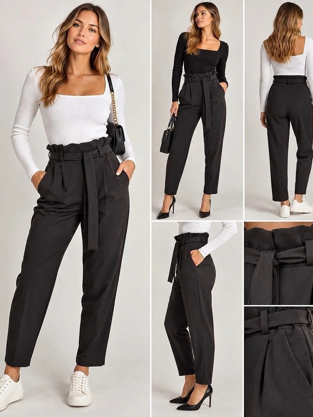 H&M Black Paperbag Waist Tie Belt Tapered Pants 10P Petite
